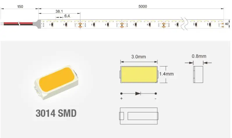 Гибкая СВЕТОДИОДНАЯ лента SMD 3014 постоянный ток 12/24 в 16 Вт 156led белый/теплый