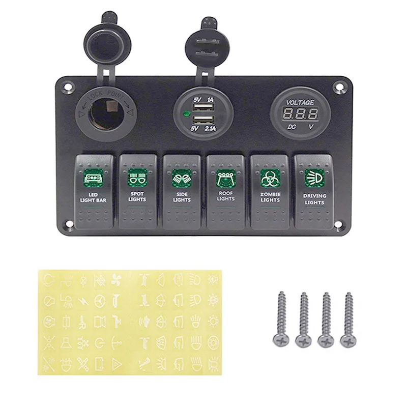 Green Lights 6 Gang 8 тумблер 12~ 24V двойной USB разъем питания+ Вольтметр+ розетка для сигареты автоматический выключатель автомобиля Лодка кулисный переключатель панель - Цвет: Green Lights 6 Gang