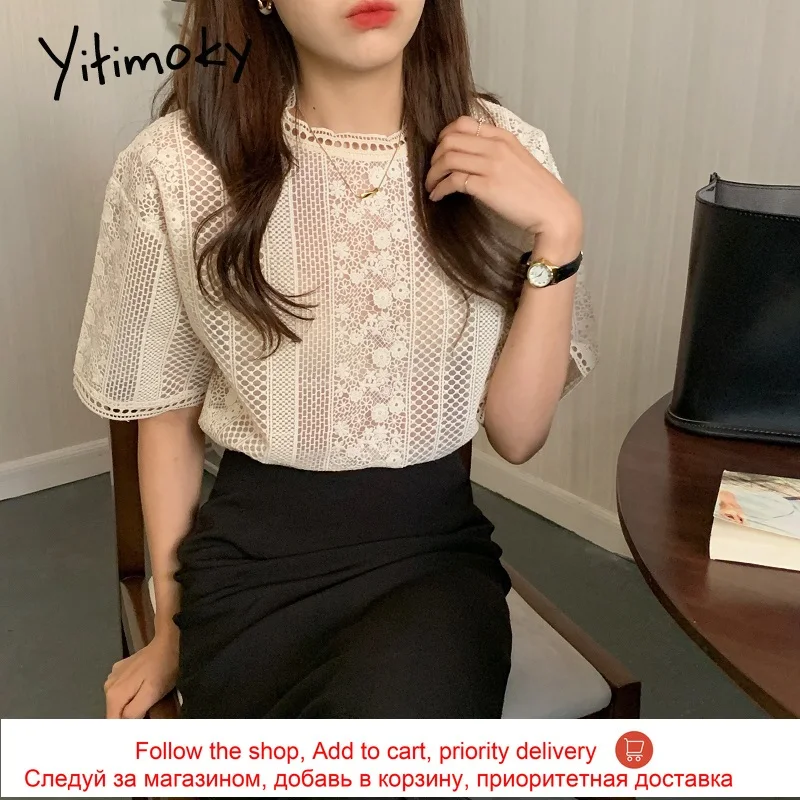 

Yitimoky Vintage Women Shirts Lace Hook Flower Hollow 2021 Summer Korean New Embroidery Loose Short Sleeve Casual Elegant Tops