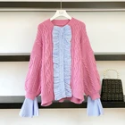H.SAНовинка 2021 года; Корейский модный женский свитер и пуловеры в стиле пэчворк с оборками; Вязаный джемпер оверсайз; Вязаные джемперы с завязками; Pull Femme