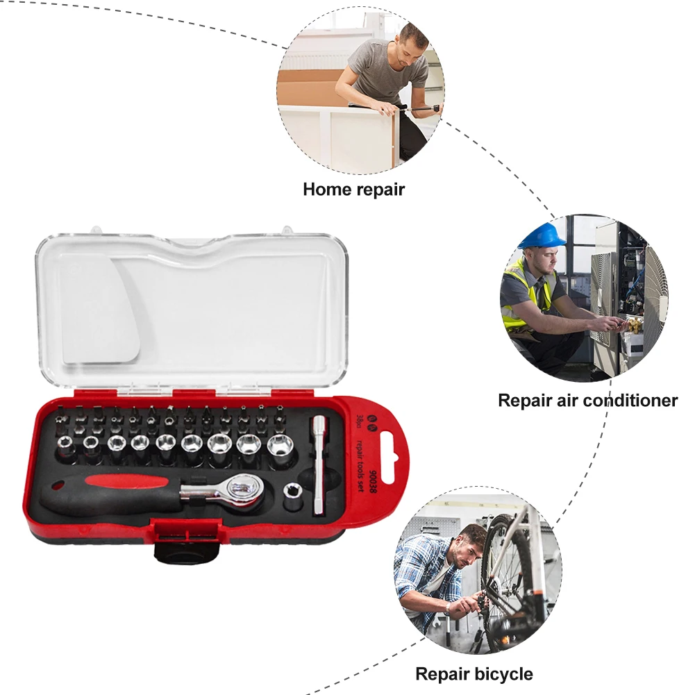 

23/25/29/30/38pcs Sleeve Screwdriver Set Ratchet Wrench Socket Spanner Drill Combination Kit Car Bike PC Watch Rapid Repair Tool