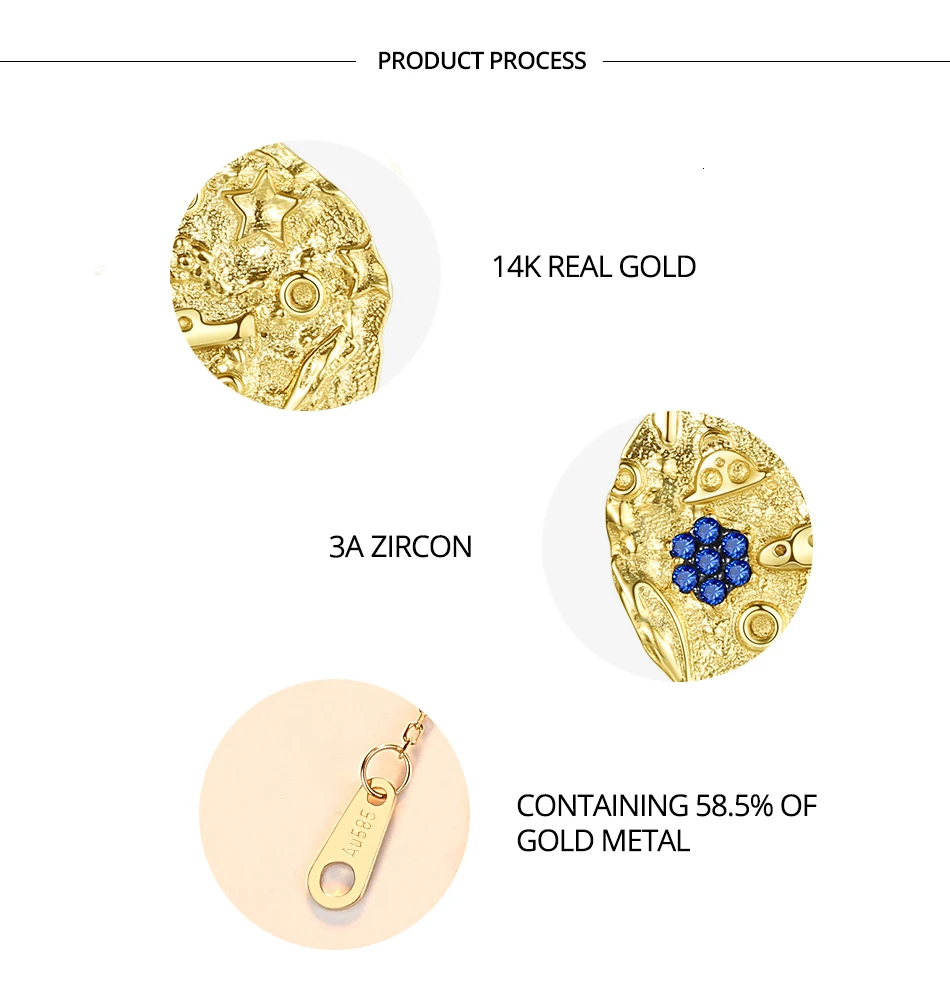 CZCITY Brand Solid Pure 14k Gold Round Pendant Necklaces for Women Blue AAA CZ Yellow Gold Fine Jewelry Gift Au 585 N14138