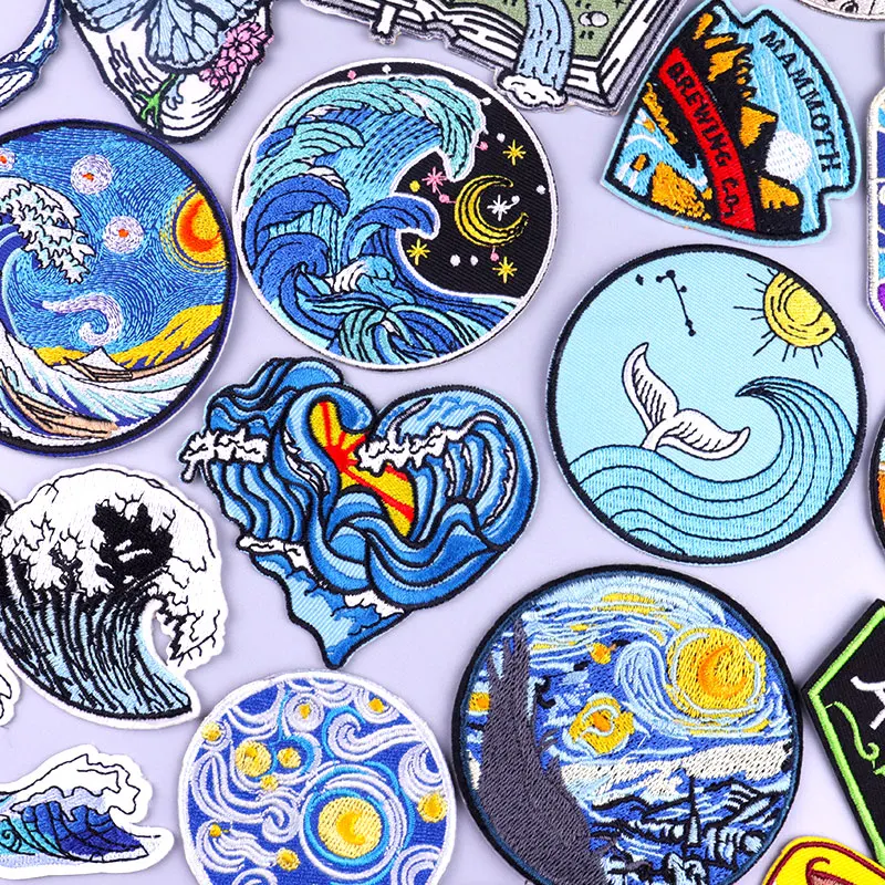 

Wave Stripes Patch For Clothing Thermoadhesive Patches Van Gogh Iron On Patches On Clothes Whale Stickers Diy Mountain Badges