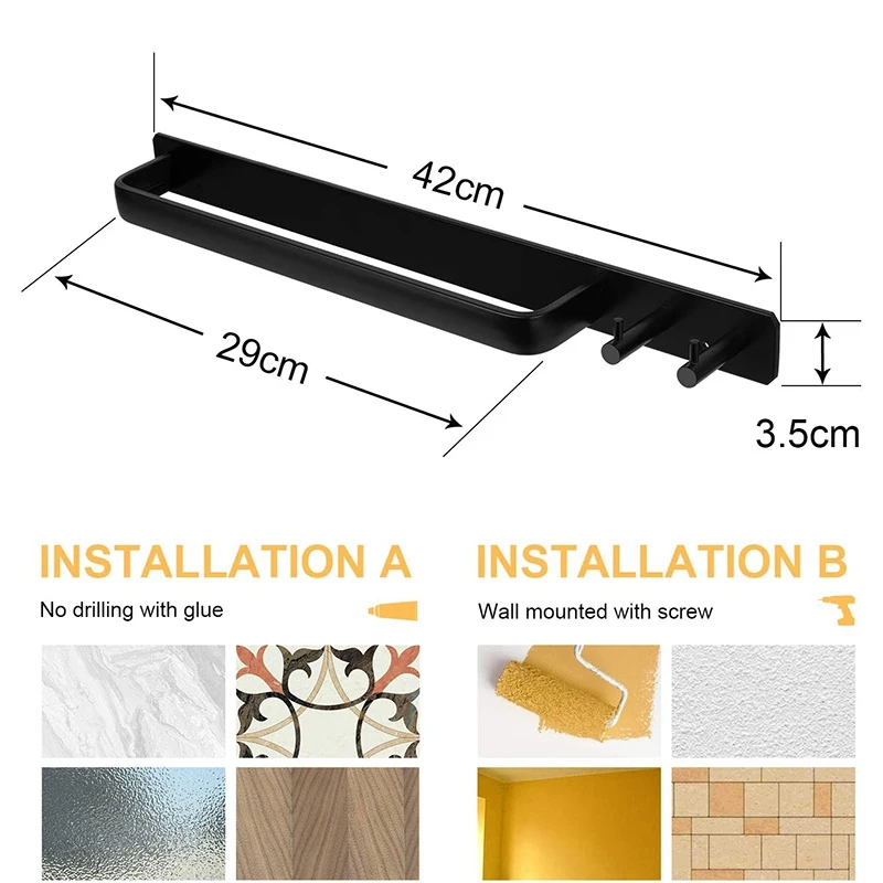 

Towel Holder Without Drilling,Tea Towel Rail Aluminum Matt Black,Adhesive Bath Towel Holder for the Bathroom and Kitchen