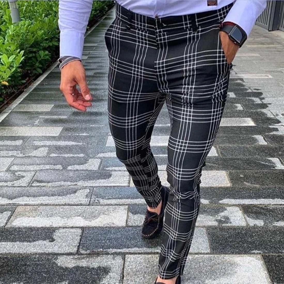 

Men's Casual Pants Plaid Social Slim Fit Black Trousers Zipper Mid Waist Skinny Business Office Work Party Male Summer Stretchy