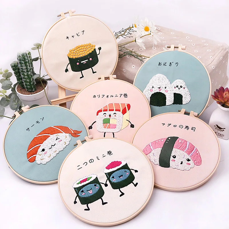 DIY Easy Embroidery Set for Beginner Cartoon Cute sushi Needlework Kits Cross Stitch Needle Art Craft Sewing Restaurant Decor | Дом и сад