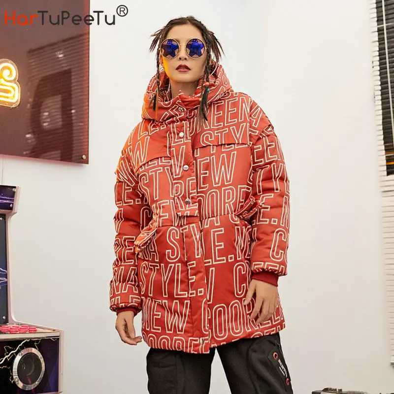 

Hip Hop Rap Winter Red Jacket Women Letters Print Cotton Padded Hooded Coat Streetwear Soft Warm Long Sleeve Fashionable Outwear