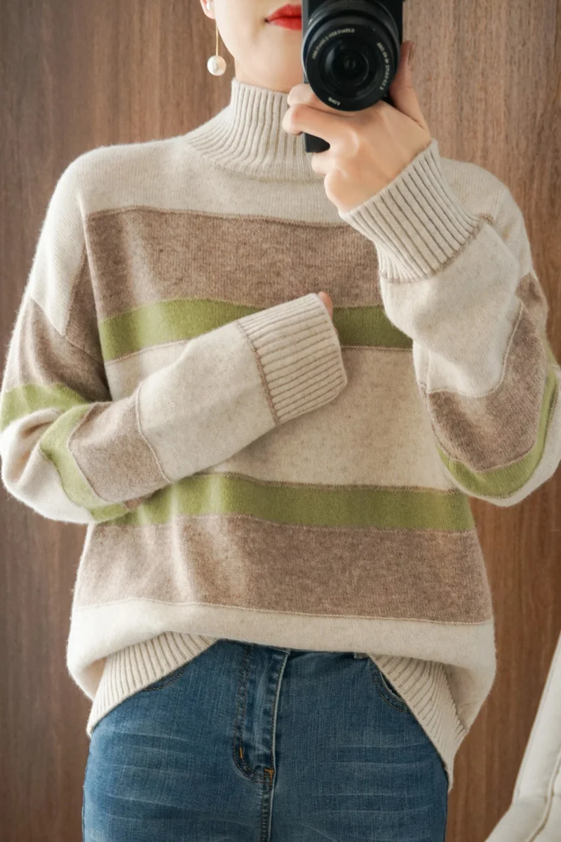 

Женский вязаный пуловер в полоску, плотный свитер большого размера из 2020-ной шерсти с высоким воротником, Осень-зима 100%