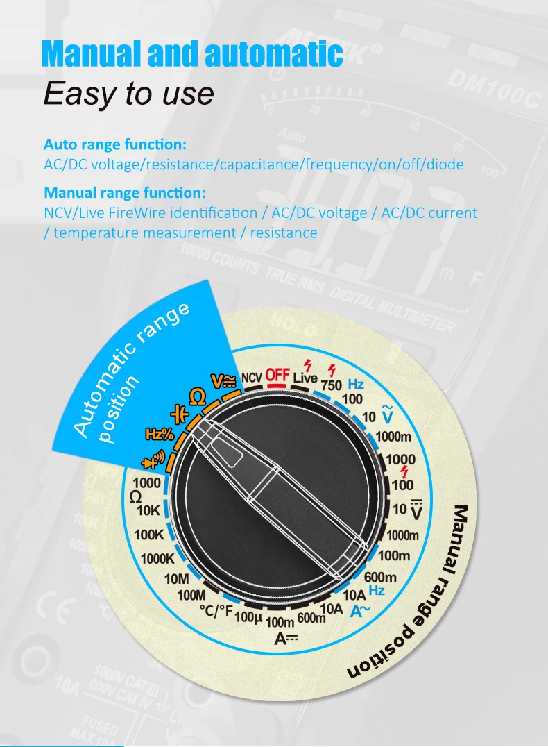 MESTEK DM100C True-RMS цифровой мультиметр Кнопка 10000 граф с аналоговым графом AC/DC Напряжение Амперметр Ток Ом Руководство/Авто