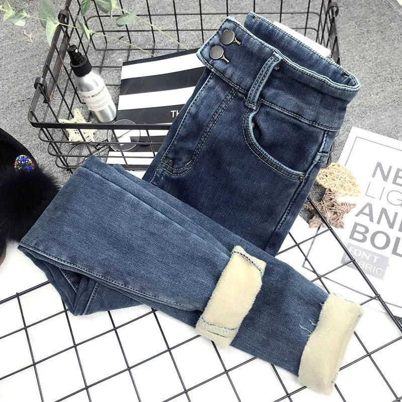 

Женские утепленные джинсы с высокой талией, темно-синие эластичные утепленные хлопковые леггинсы с большим плюшем, Осень-зима 2021