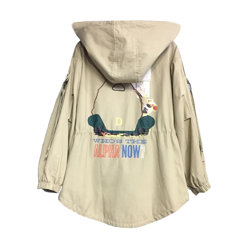 

Cartoon print streetwear hooded overcoats cotton coat ladies spring trench coat women oversized loose zipper trenchcoat female
