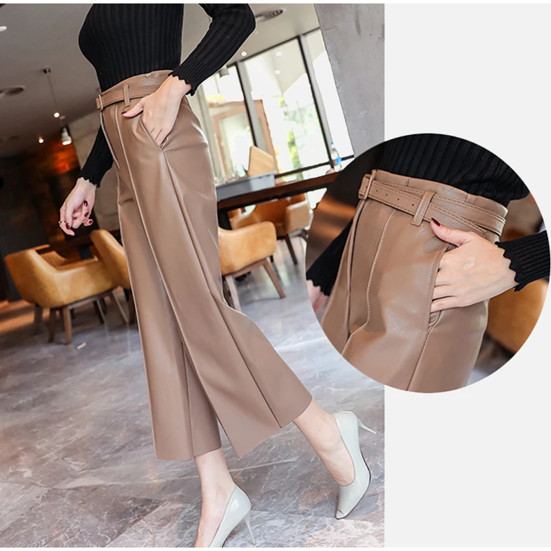 Autumn Faux PU Leather Pants Women With Belt High Waisted Wide Leg Anke-length Women's Trousers Winter NEW Fashion Clothes