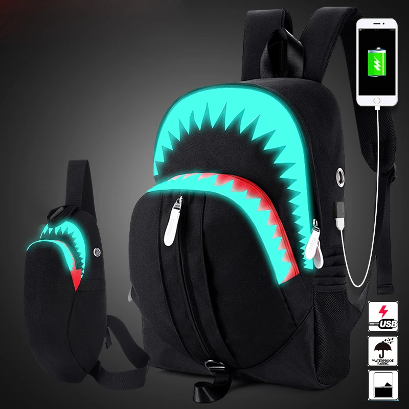 

Men Luminous Backpack Fashion USB Charging Travel Bag Laptop Shark Backpacks Teenagers Boys School Bag Knapsack College Bags