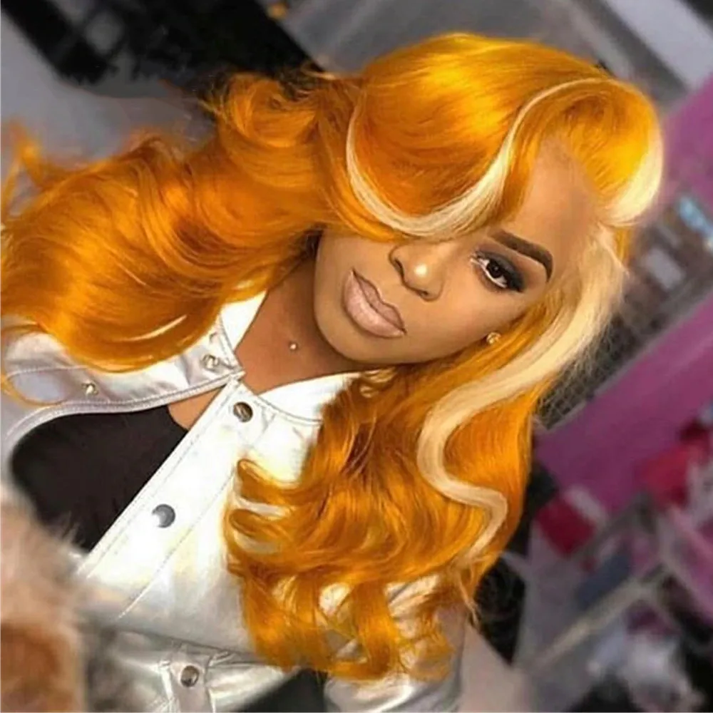 Orange Body Wave Hair With Blonde Highlight Wig Brazilian Virgin Lace Front Wigs Pre Plucked 180 Density