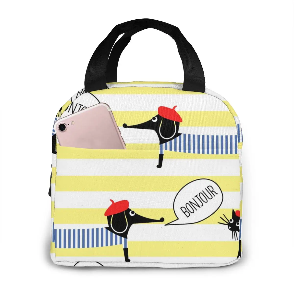 

Dogs Cats Stripes Lunch Food Box Bag Fashion Insulated Thermal Food Picnic Lunch Bag for Women kids Men Cooler Tote Bag