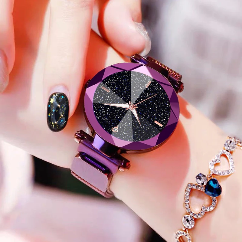 

Women Starry Sky Watch Casual Mesh Magnet Buckle Ladies Clock Geometric Surface Roman Numeral Quartz Watches Relogio Feminino