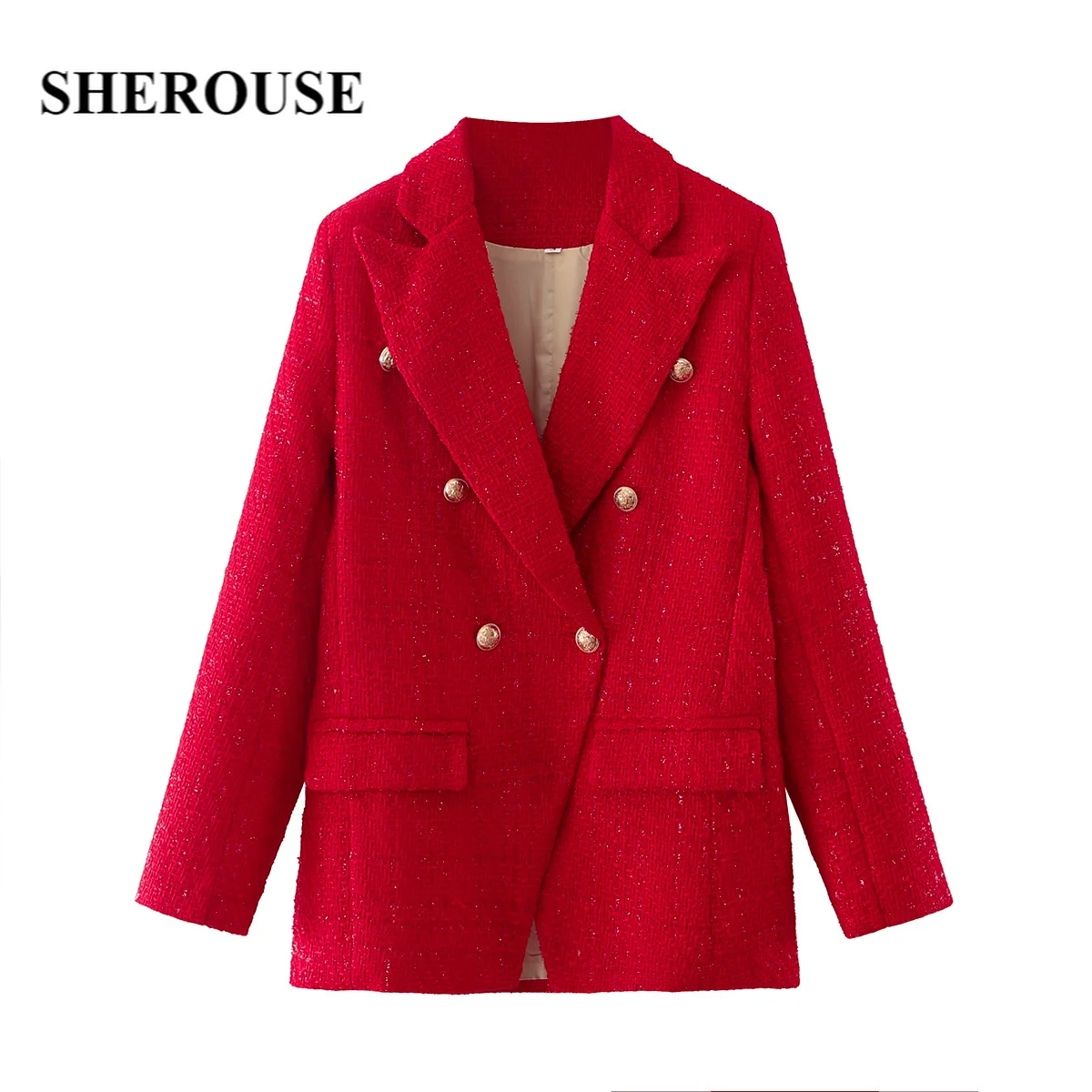 

Женский двубортный Блейзер Sherouse, однотонный винтажный блейзер с длинным рукавом и воротником-стойкой, veste femme