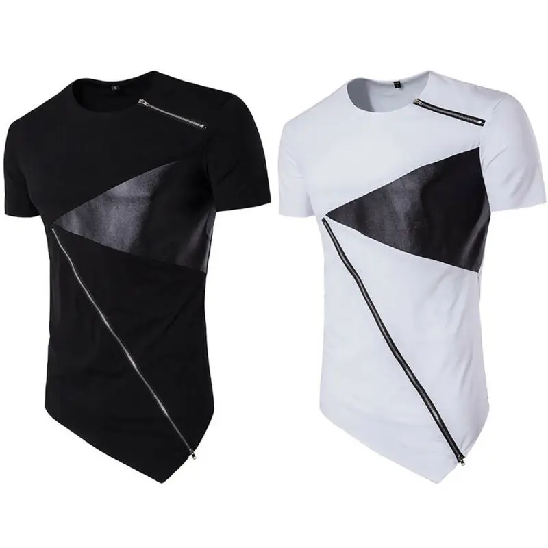 

Mens Solid Color Short Sleeve T Shirt Patchwork Shirt Casual Tops Black White