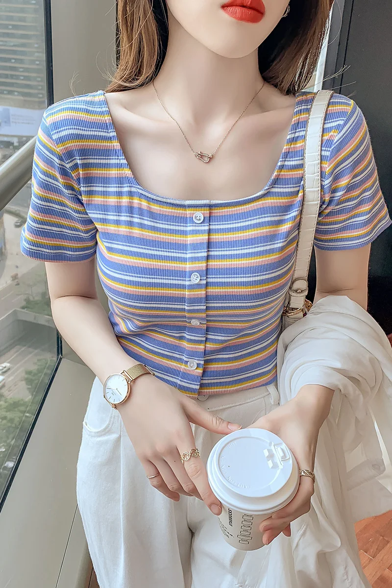 

Women's short sleeve top, wide and thin, stripe, wild rainbow, Korean fashion, summer 2021