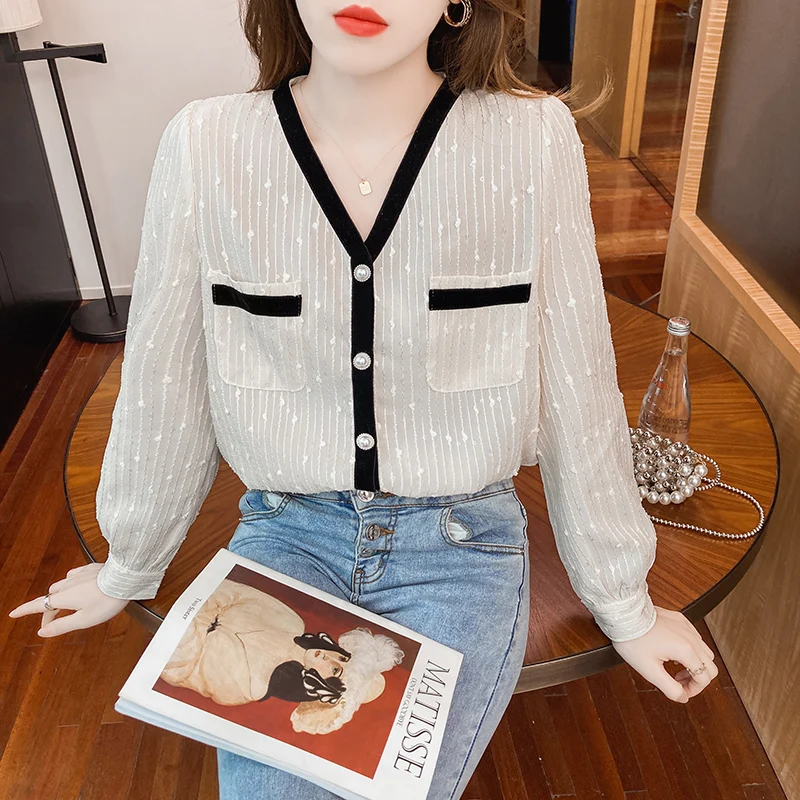 ITOOLIN Fashion Stripe Blouse Women V-Neck Jacquard long sleeve tops shirt Streetwear Elegant office ladies blouse 2022 | Женская одежда