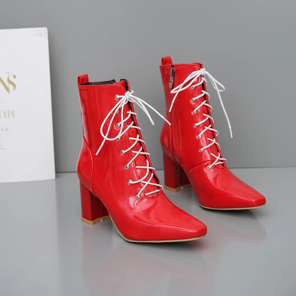 Red Thick Lining Г. Новые удобные женские ботильоны абрикосового и белого цвета женская обувь на высоком квадратном каблуке Большие размеры 11, 43, 45, 47, LM293 - Цвет: Red Thick Lining