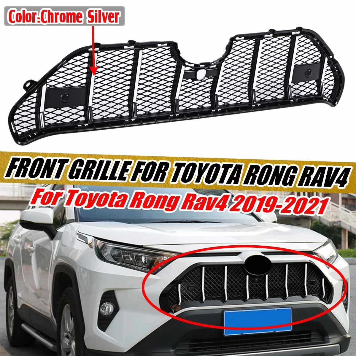 Chrome Silver Car Front Upper Grille Grill For Toyota Rong Rav4 2019 2020 2021 Front Bumper Honeycomb Mesh Centre Grill Panel