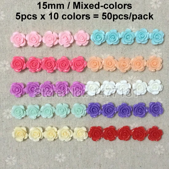 15mm Mixed Colors 50 шт Смешанные Цвета Смола Украшение роза с плоской задней частью бусины скрапбукинг поделки украшения для волос банты центральные части - Цвет: 15mm Mixed Colors