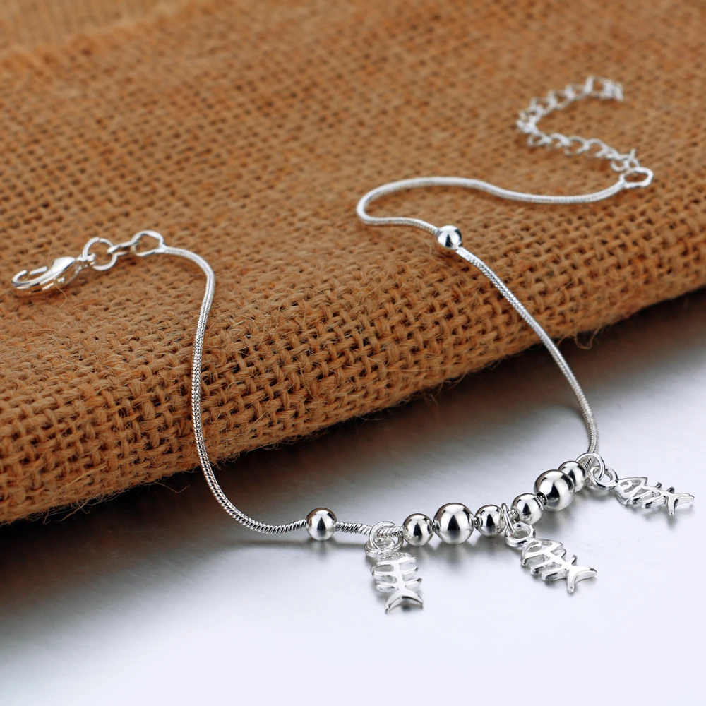 925 пробы серебро ножные браслеты для женщин Творческий Fishbone кулон чистого