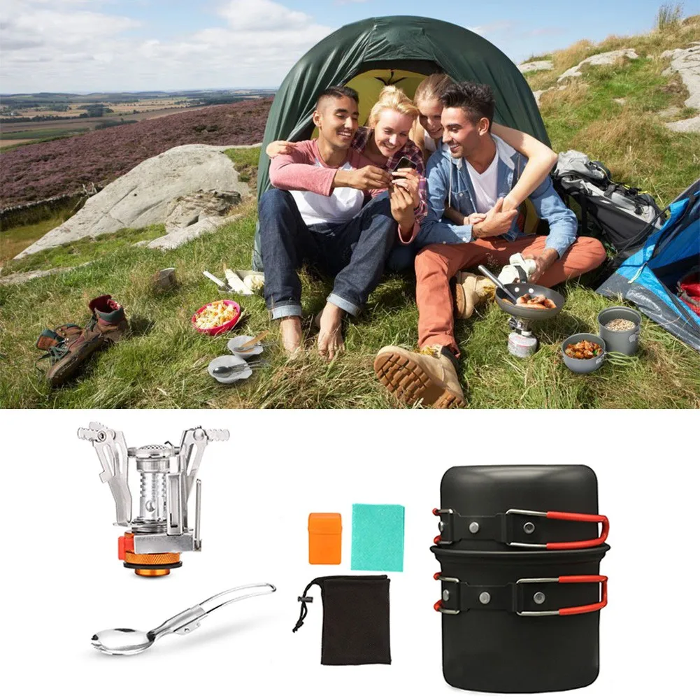 

Portable Picnic Mini Gas Stove With Plastic Case Small Deep Pot Pan Spoon Cookware Drawstring Bag Set 16.5x13.5x13.5cm/set