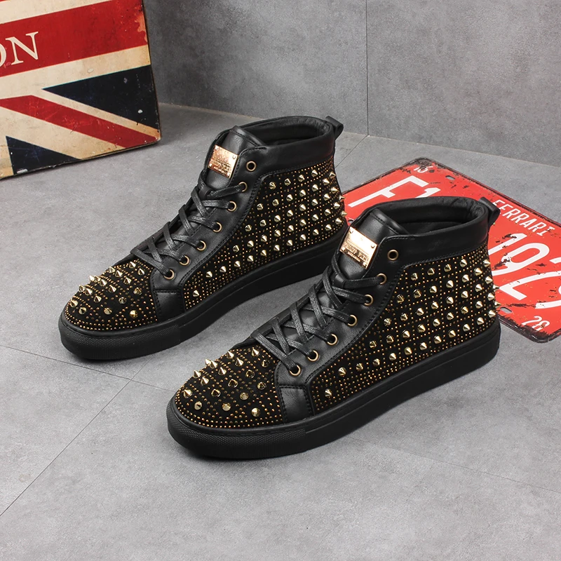

men luxury fashion punk nightclub wear genuine leather boots personality rivet shoes flat spiked shoe platform boot ankle botas