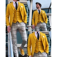 new designs casual yellow mens suits tuxedo 3 piece tailored slim male blazer pants vest set suit for men handsome mens clothes