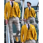 Новый дизайн, повседневные желтые мужские костюмы, смокинг, 3 предмета, приталенный Мужской Блейзер, брюки, жилет, набор, костюм для мужчин, красивая мужская одежда
