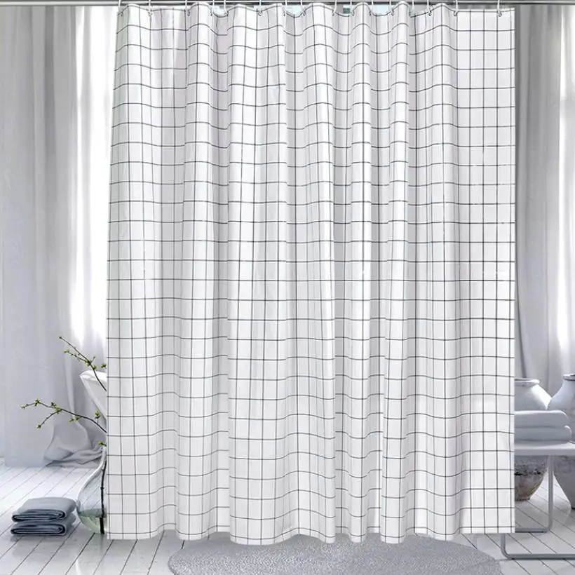 

39White Plaid Shower Curtain 180CM Waterproof Bathroom Partition Curtain White Polyester Moisture-Proof Shower Curtain D50