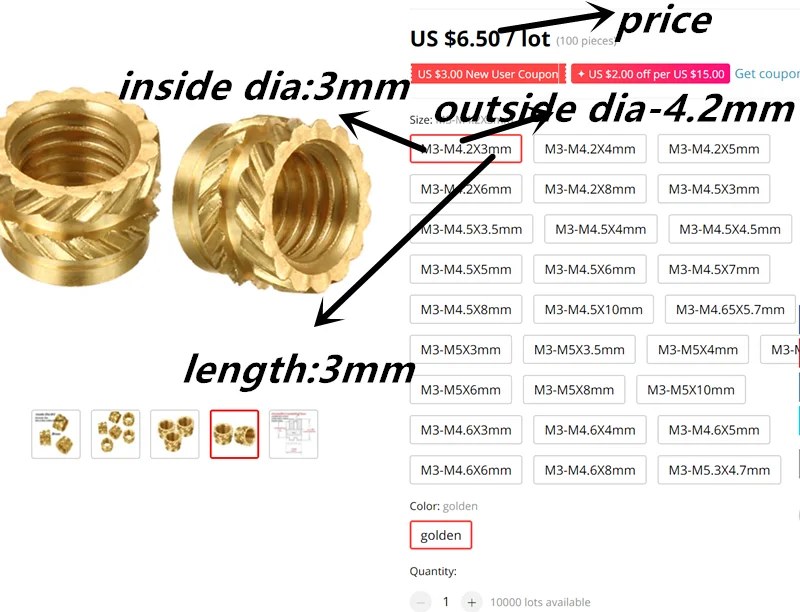 Внутренний диаметр M3 латунь термоплавкие вставки гайки нагревательное