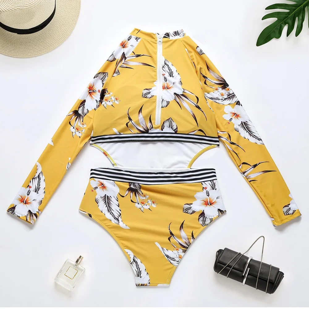 

2021 Sexy One Piece Swimsuit Long Sleeve Swimwear Women Print Floral Bathing Suit Retro Monokini Bathing Suit Beachwear Female