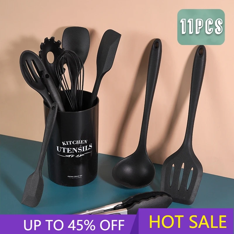 

10-11 Set of Dark Silicone Cookware Set, Wooden Cookware Set, Heat-resistant Plastic Bucket Handle, Spatula Kitchenware