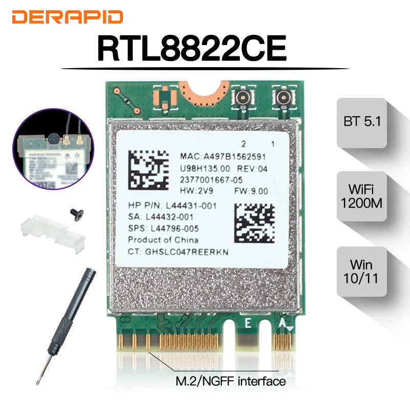

RTL8822BE Dual Band 1200Mbps Wireless Bluetooth 5.1 WiFi Adapter NGFF M.2 Network Card For Laptop/PC Support Win10/Win11