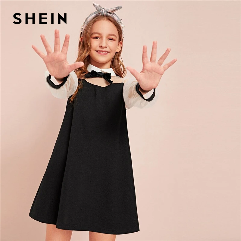 SHEIN Kiddie черный воротник бант спереди обувь для девочек консервативный дизайн платье осень контрастный сетчатый рукав пуговицы сзади линии Короткие милые платья