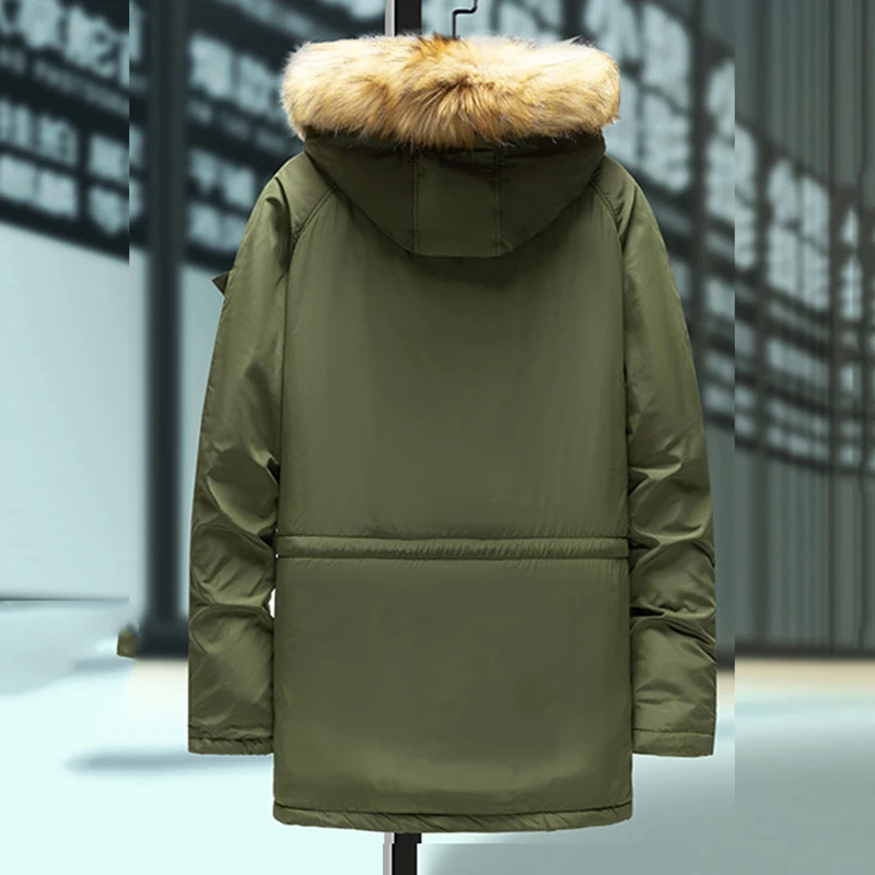 Winter Men's Jacket Plus Cotton Warm Leather Coat Casual Faux Fur Hooded Wool Mid-length Men's Jacket Windbreaker Men's Jacket