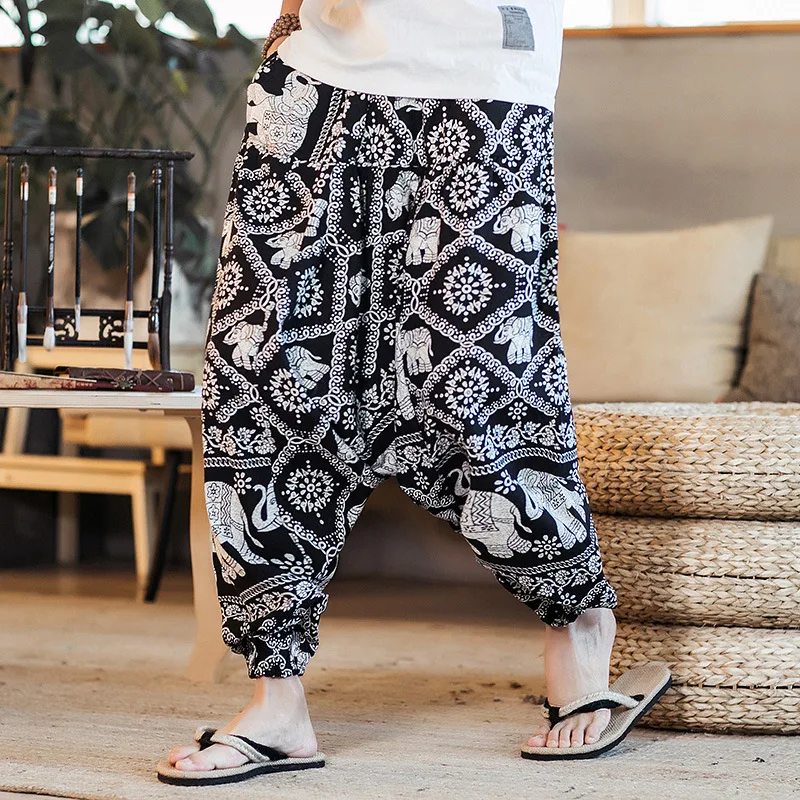 

2020 New Mens Fashion Harem Pants Retro Print Nine-points Trousers Men Drop Crotch Joggers Cotton and Linen Baggy Pants S-5XL