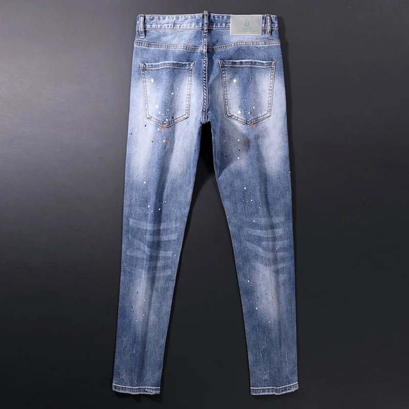 European Street Style Fashion Men Jeans Retro Blue Elastic Slim Fit Ripped Jeans Men Painted Designer Hip Hop Denim Punk Pants