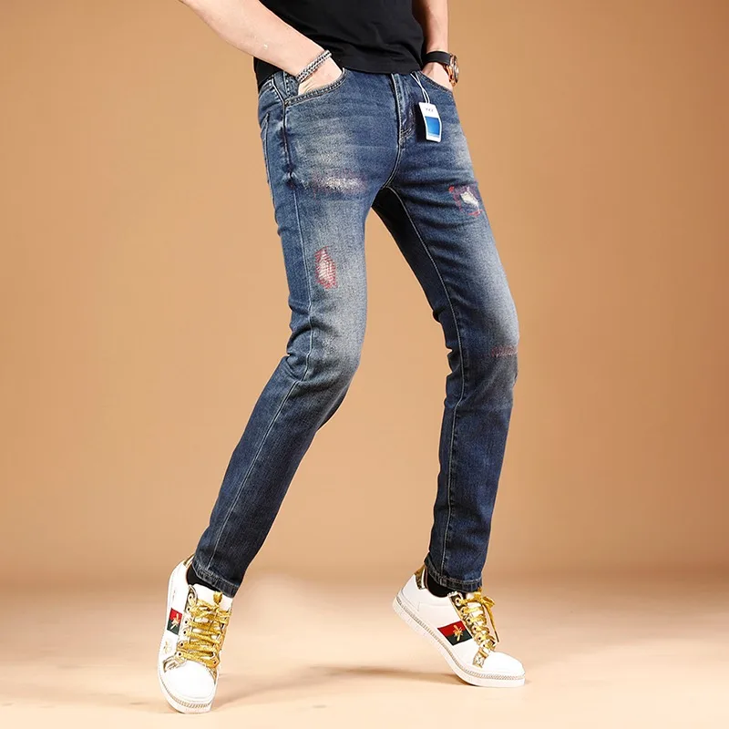 Men Blue Jeans Casual Pants Vaqueros Clothing Fashion Streetwear Ripped Embroidered Jean Straight Leg Slim Fit Denim Trousers