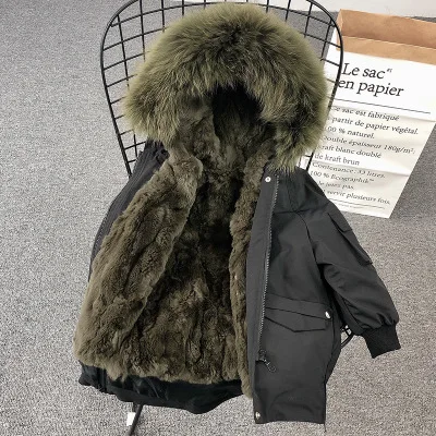 Black Dark Green Детское пальто с мехом; зимняя одежда для мальчиков и девочек; детские куртки с натуральным кроличьим мехом; Верхняя одежда для девочек; плотная теплая парка; детская ветровка; TZ336 - Цвет: Black Dark Green