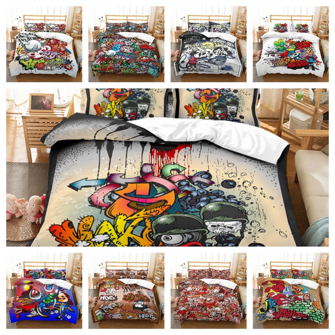 

2021 Hot Style 2 or 3pcs Graffiti Printing Soft Duvet Cover Sets 1 Quilt Cover + 1/2 Pillowcases Single Twin Full Queen King
