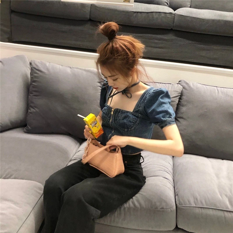 Женские джинсовые топы с квадратным вырезом дизайнерская футболка открытой