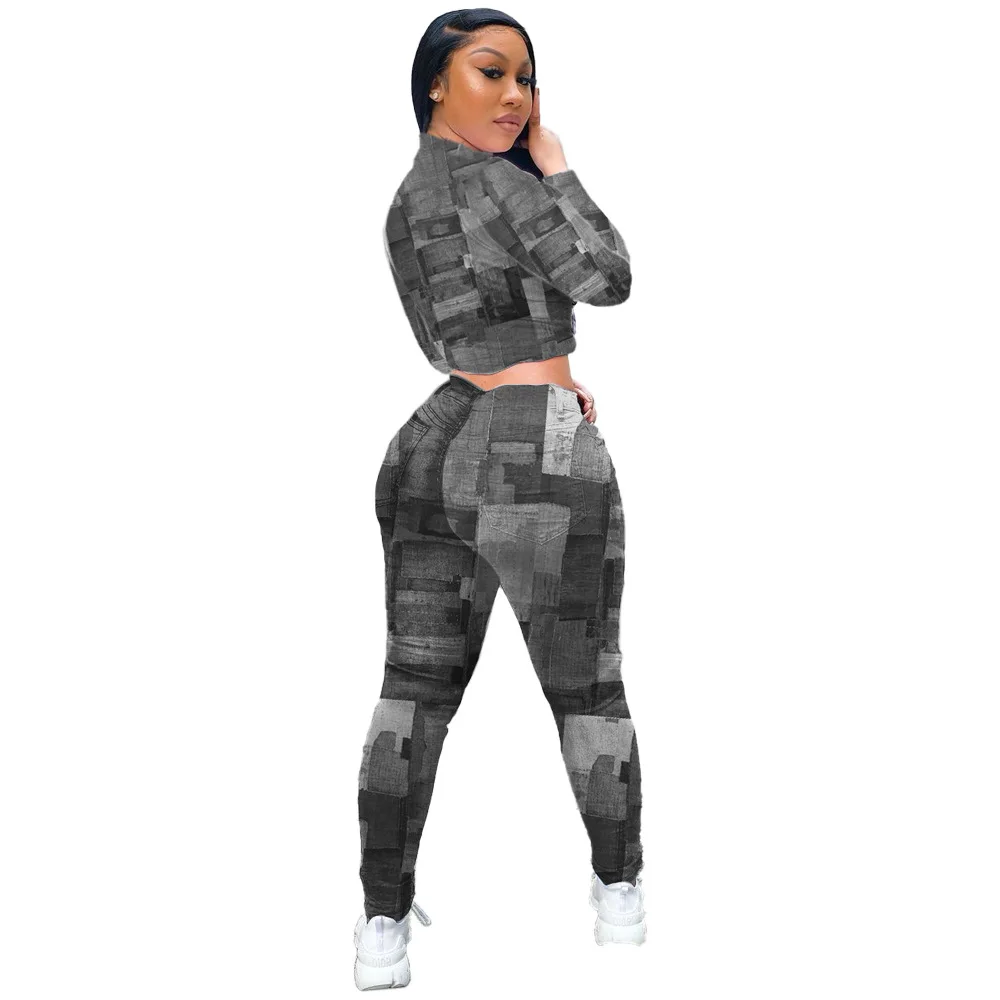 

Hot Selling Women Sets Street Style Female Denim Printing O-Neck Long Sleeve Skinny Tops High Waist Button Pants Outfits