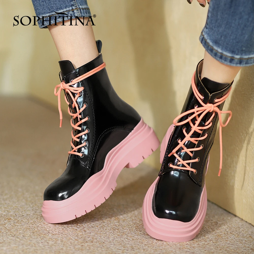 

SOPHITINA Fashion Women's Boots Casual Non-slip Flat With Lace-up Ankle Boots Breathable Genuine Leather Round Toe Shoes WO894