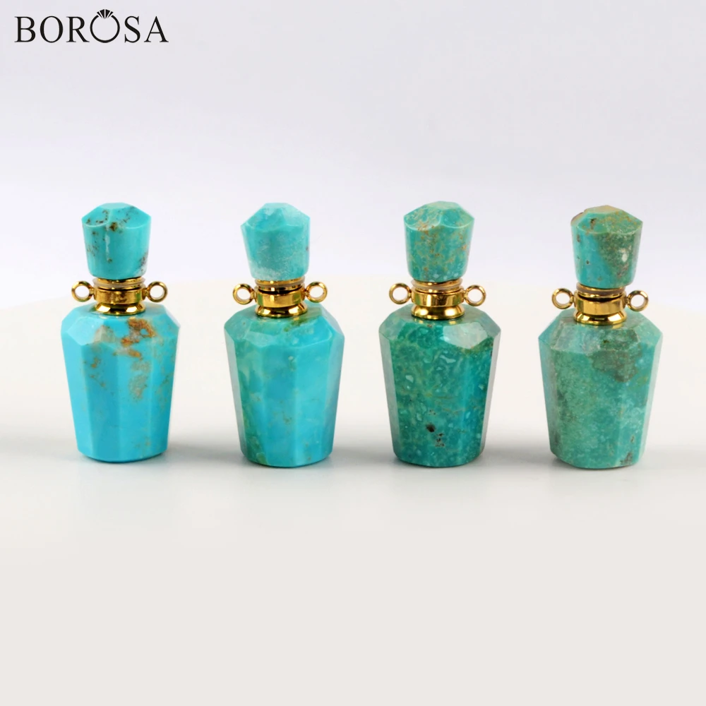 

Fashion Natural Turquoises Amazonite Perfume Bottle Necklace Diffuser 26inch Stainless Steel Chains Pendant Necklace for Women