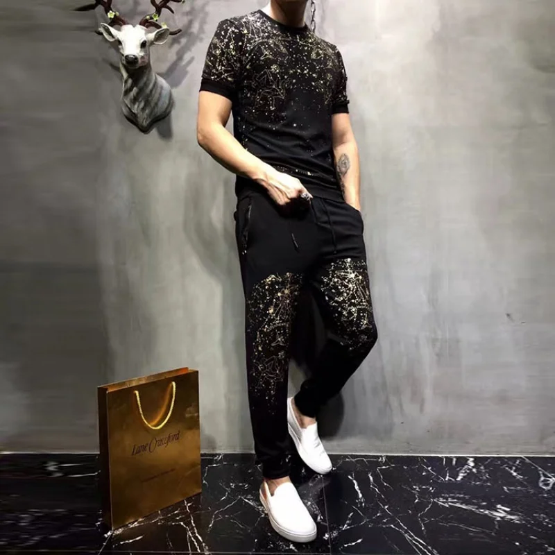 High-quality men's Tracksuit heavy industry sky rhinestone summer best selling casual t-shirt+shorts 2-piece suit | Мужская одежда