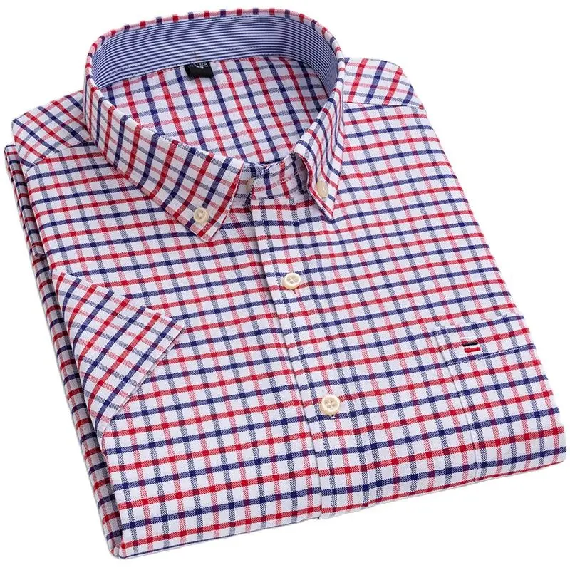 

Men Oxford Short Sleeved Shirt 100% Cotton Regular Fit Causal Fashion Stripe Shirts Summer Printed Work Clothing